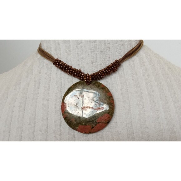 Natural Unakite Jasper Pendant Necklace w Bronze Seed Beads 14-15.5 in - Picture 6 of 7